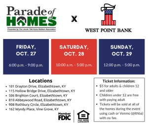 A schedule of the 2023 Parade of Homes, including ticket pricing, locations and dates with times.